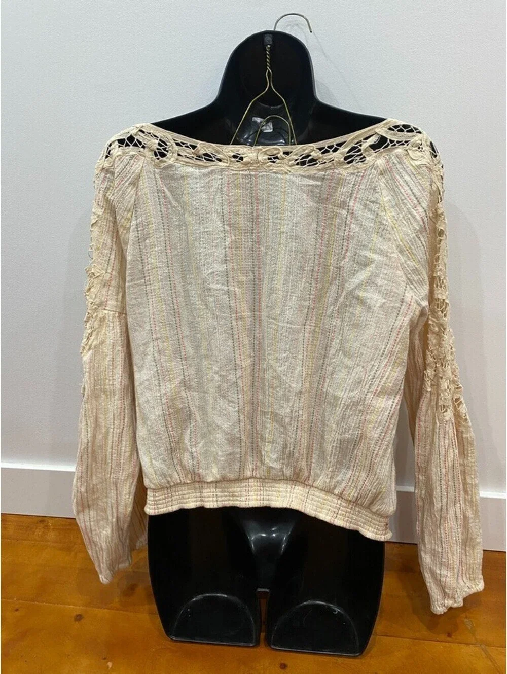 Free People Top MEDIUM Blouse Floating Memories Lace  Artsy Boho Ivory Hippie